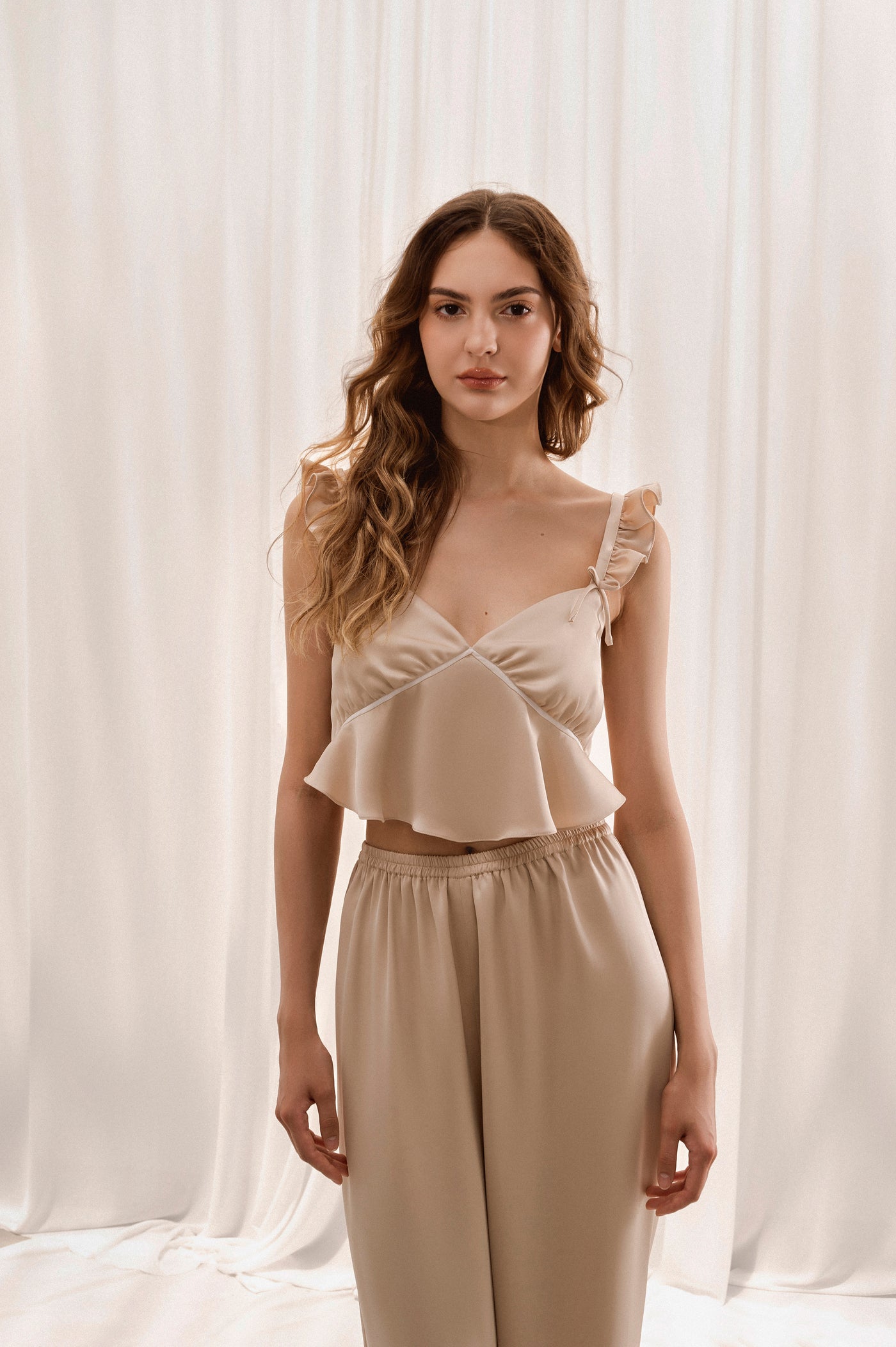 Beige Silk Long Pajamas Set