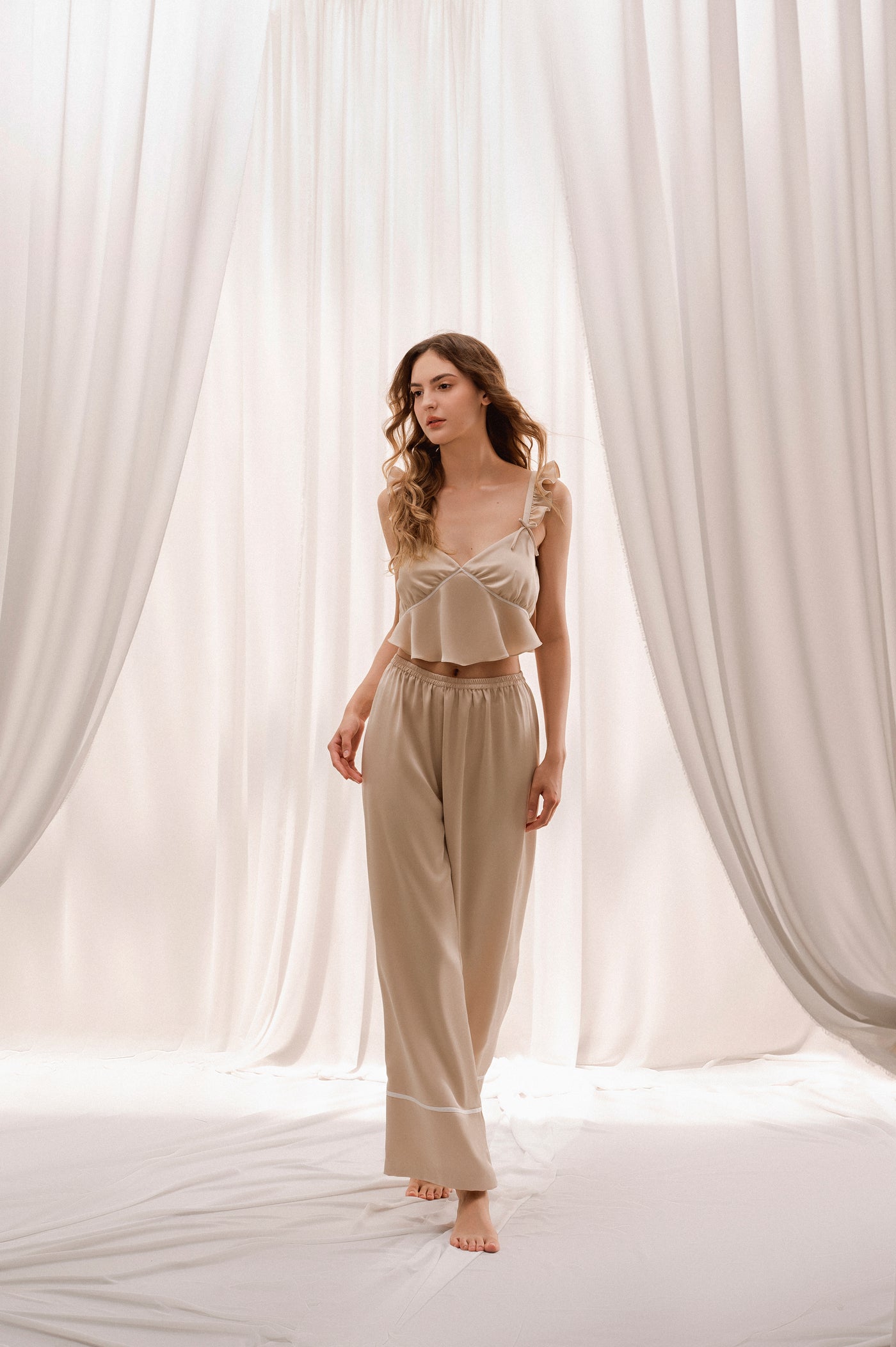 Beige Silk Long Pajamas Set