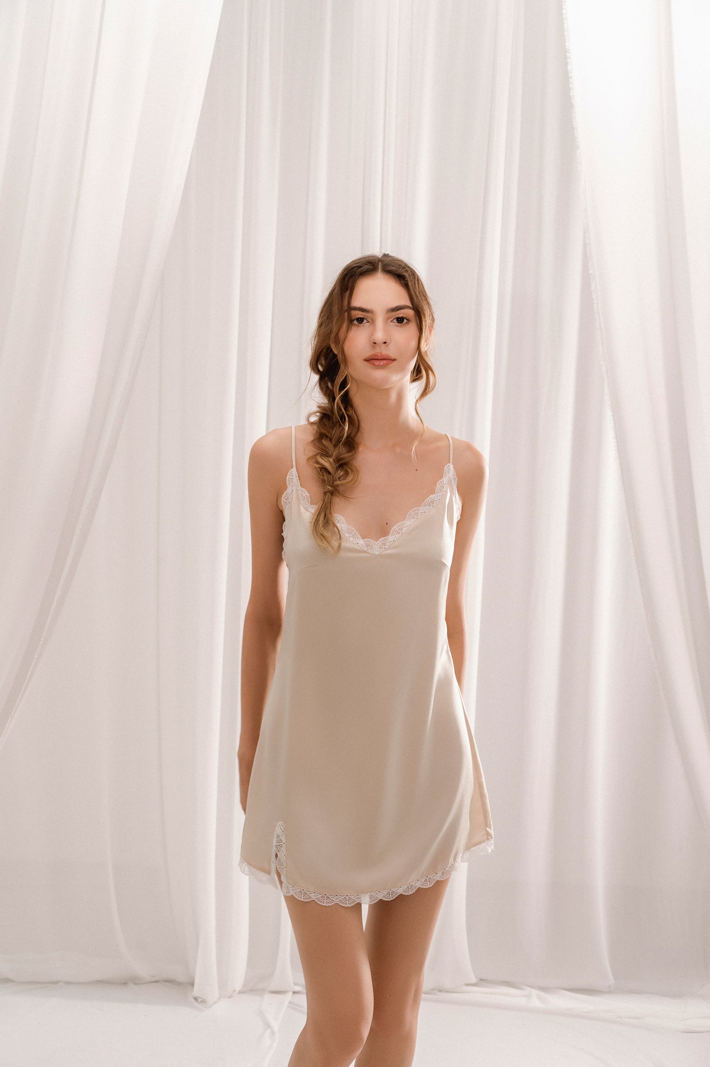 Beigh Mini Silk Dress With V-cut Lace