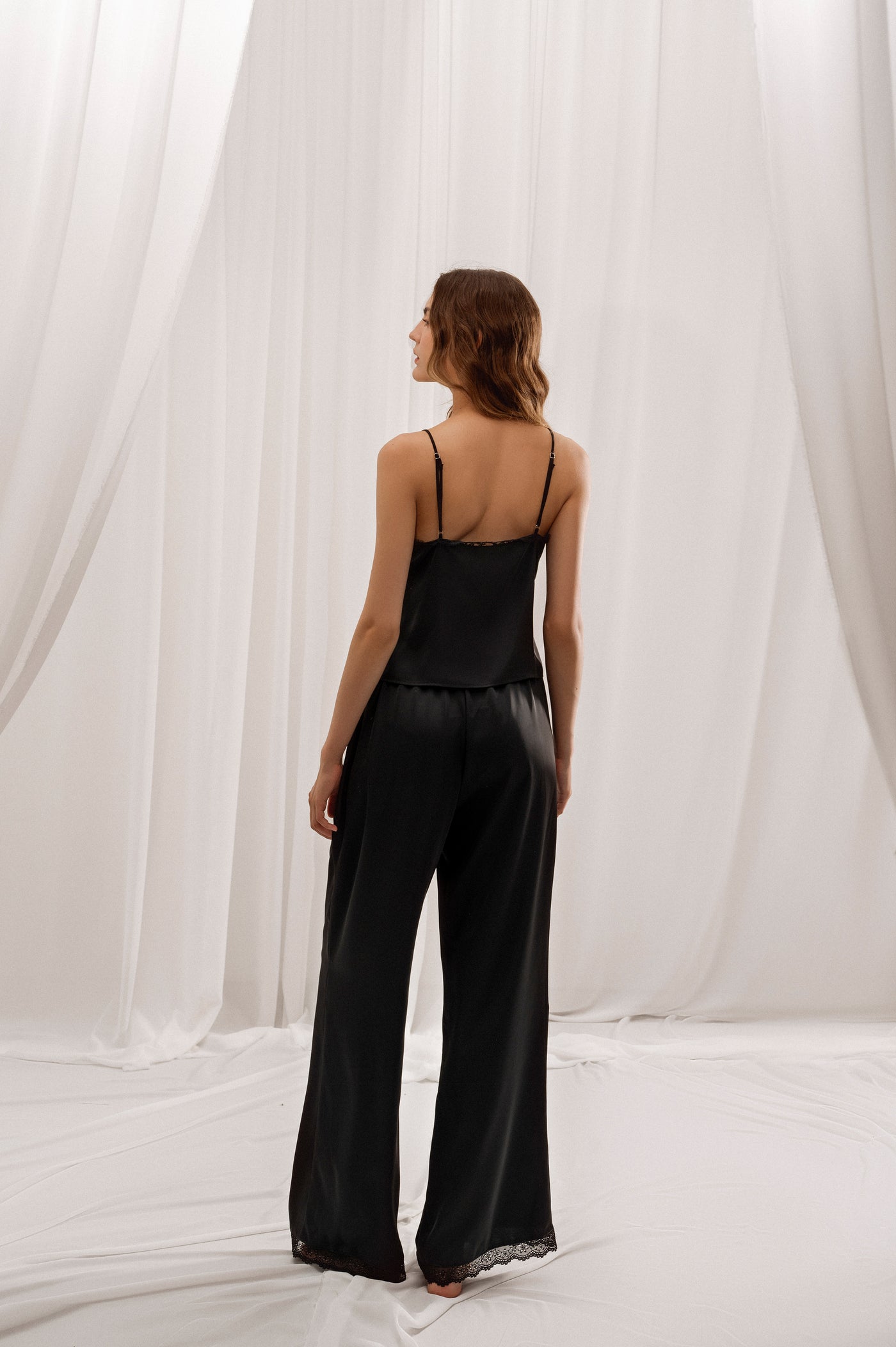 Black Silk Long Pajamas Set