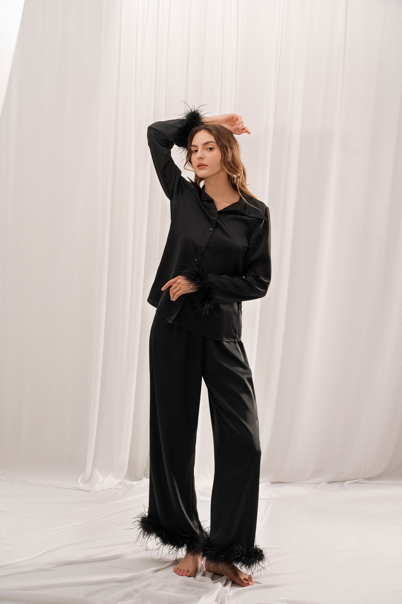 Feather Black Long Pajamas Set