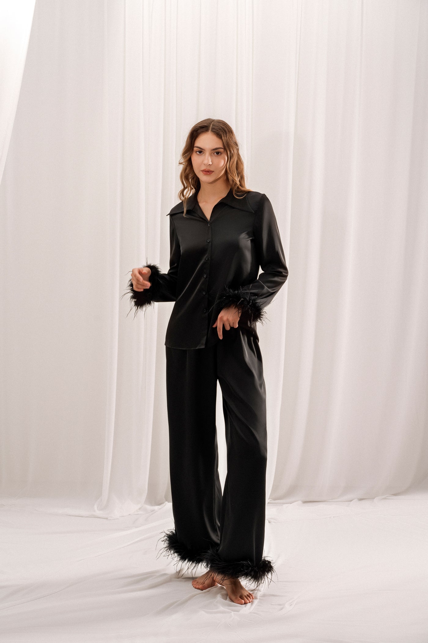 Feather Black Long Pajamas Set