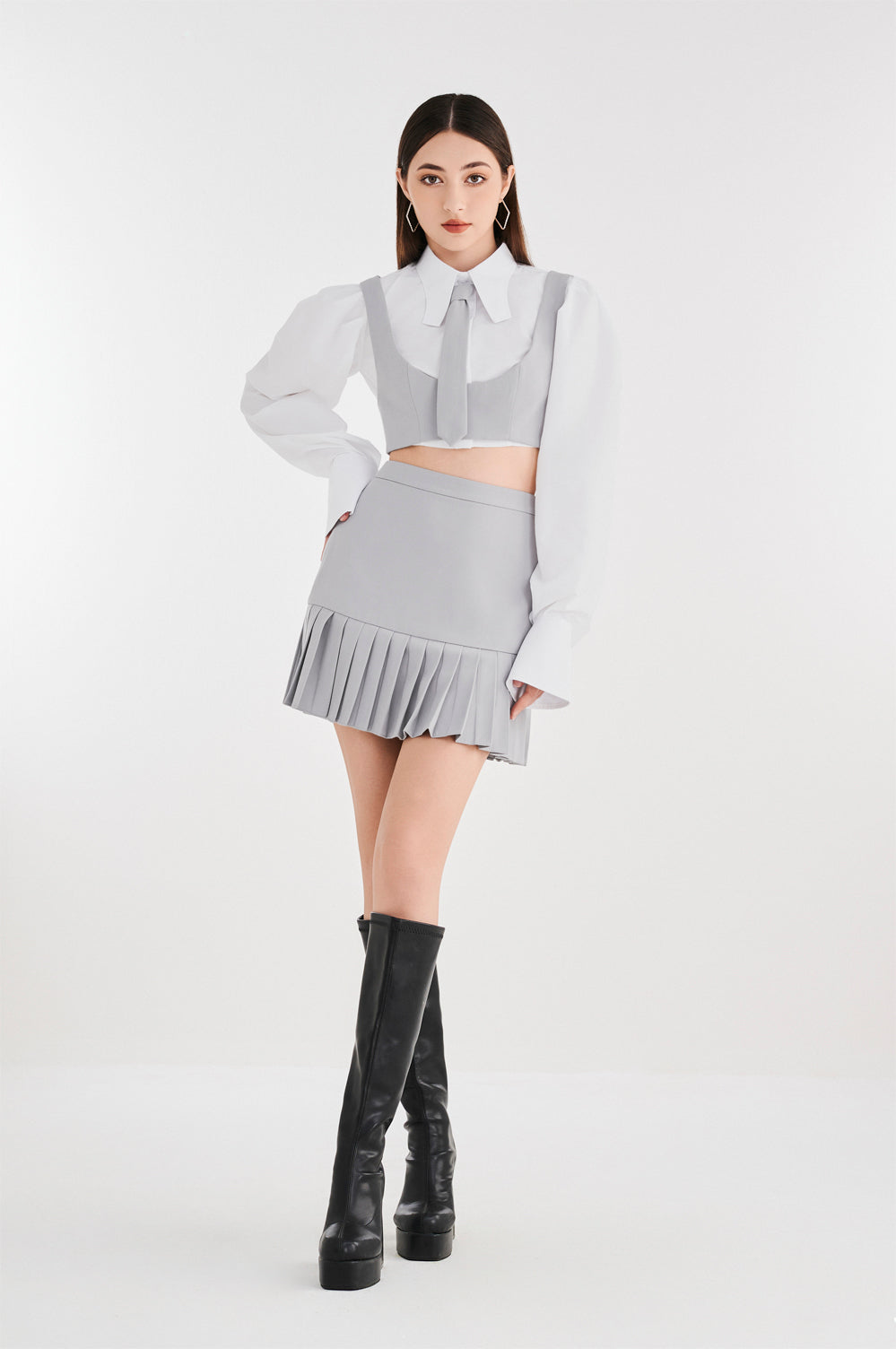 Shirt And Pleated Skirt Set With Bow Tie