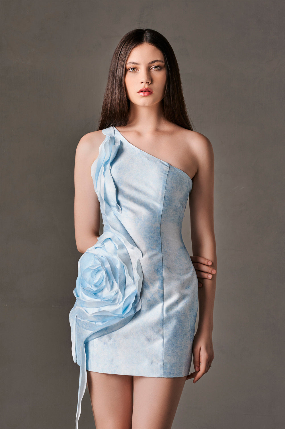 One Shoulder Taffeta Dress With Roses