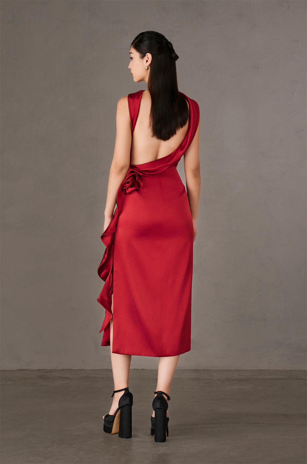 One-Shoulder Satin Midi Dress