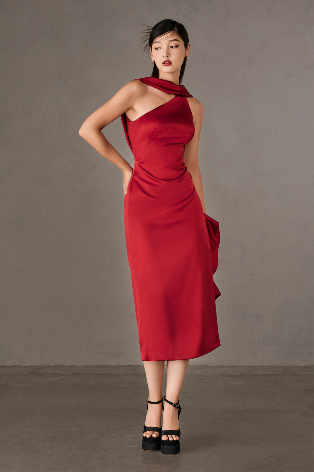 One-Shoulder Satin Midi Dress