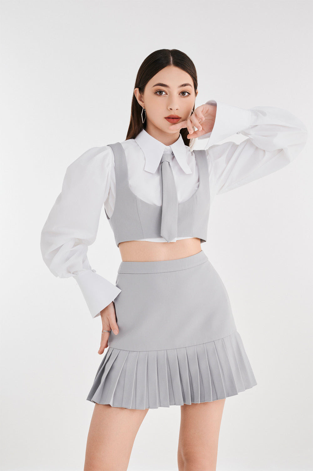 Shirt And Pleated Skirt Set With Bow Tie