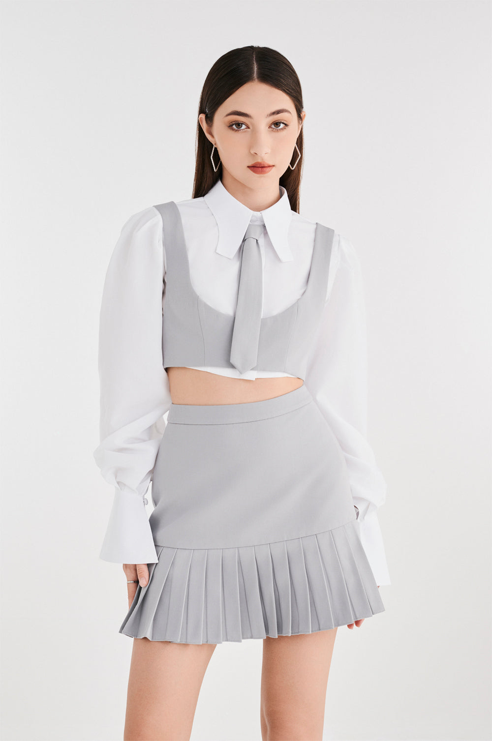 Shirt And Pleated Skirt Set With Bow Tie