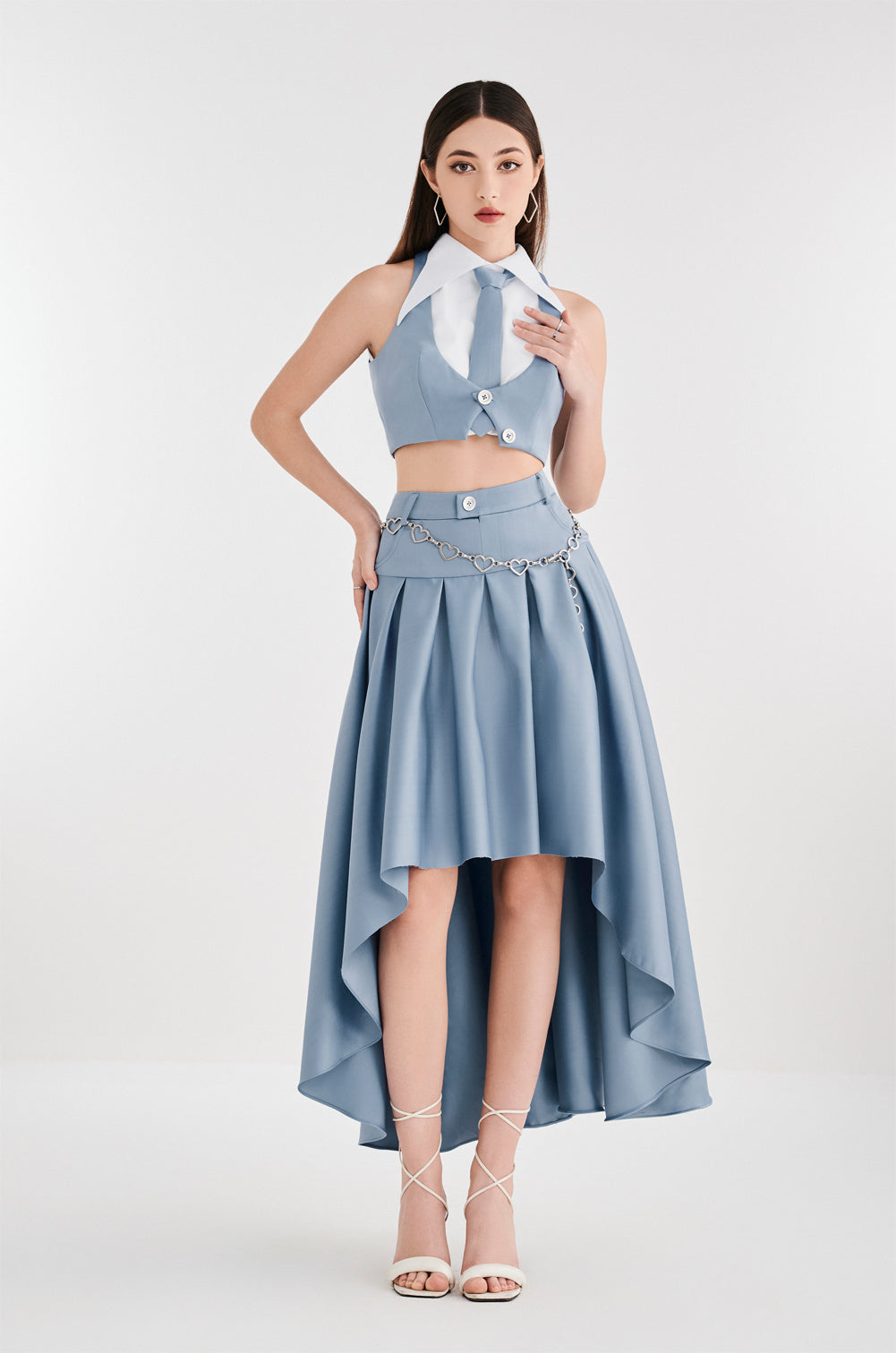 Asymmetry Pleated Set With Bow Tie