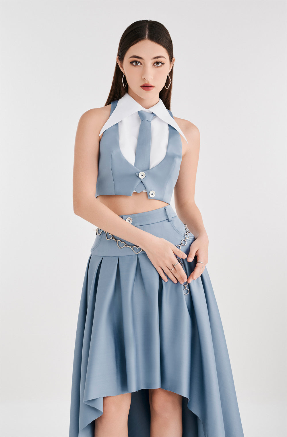 Asymmetry Pleated Set With Bow Tie