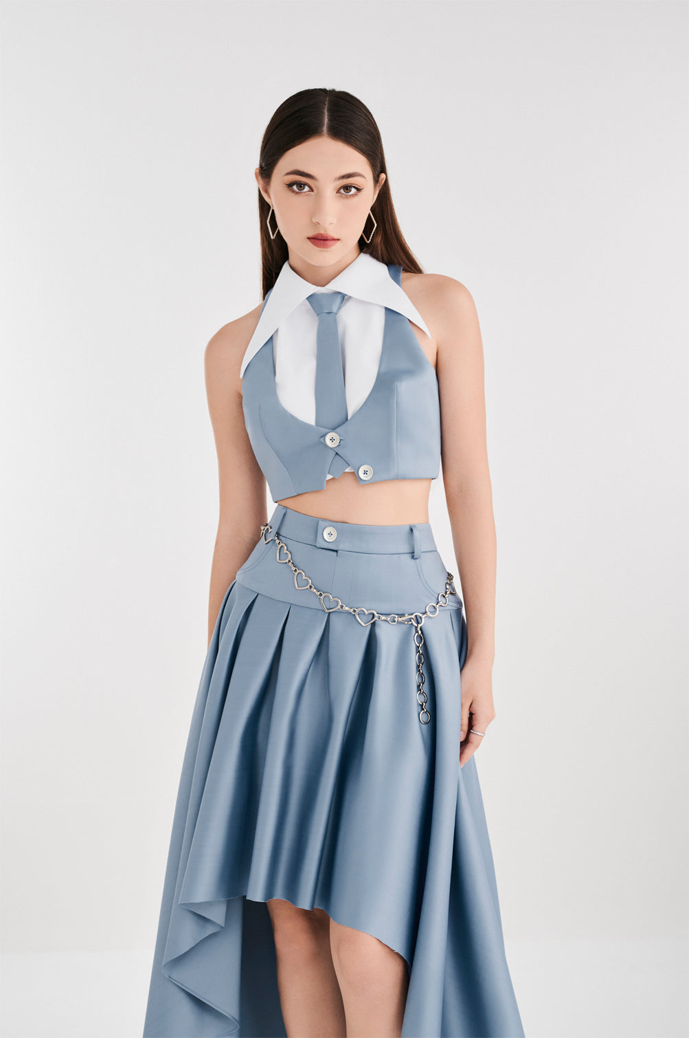 Asymmetry Pleated Set With Bow Tie