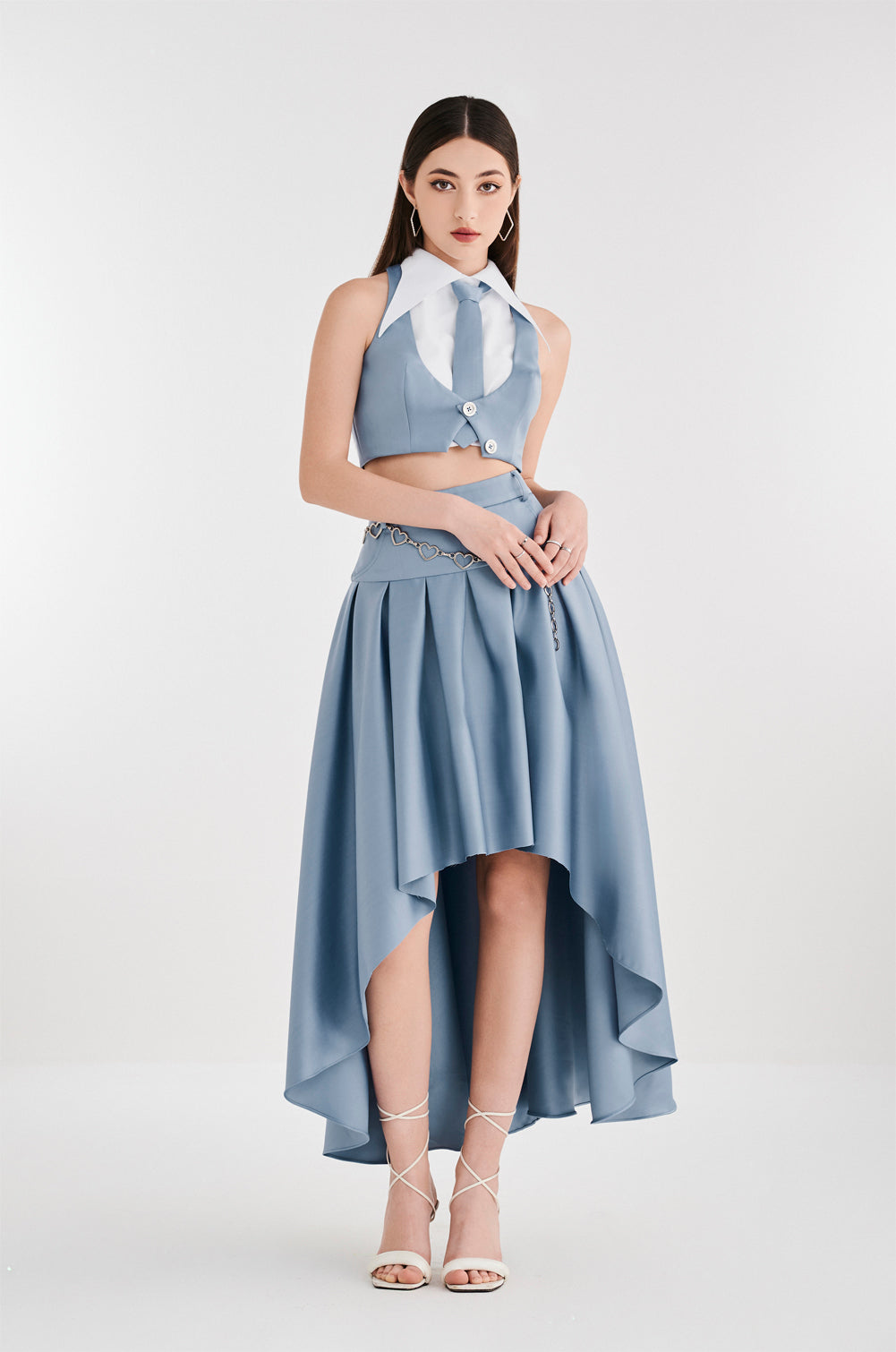 Asymmetry Pleated Set With Bow Tie