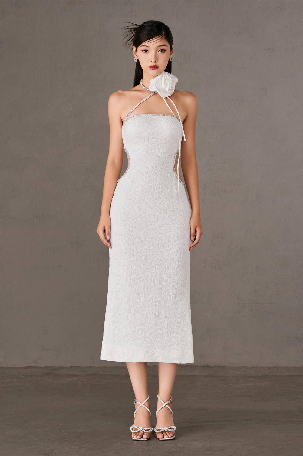 Midi Dress With Waist Cut-Out And Tie-Up Strings