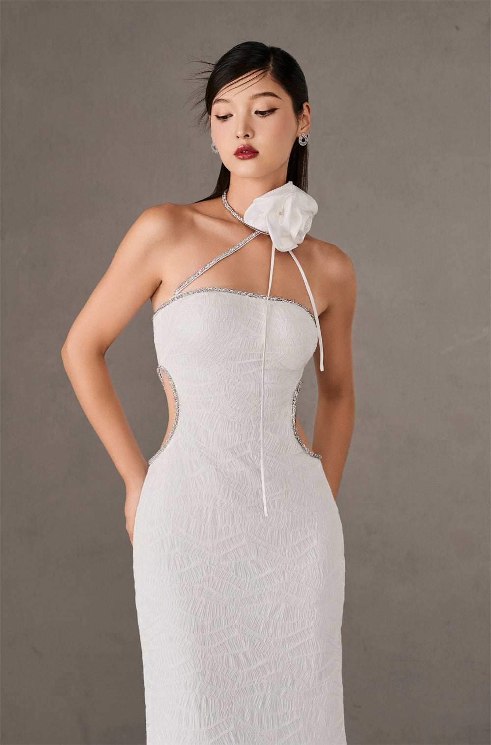 Midi Dress With Waist Cut-Out And Tie-Up Strings