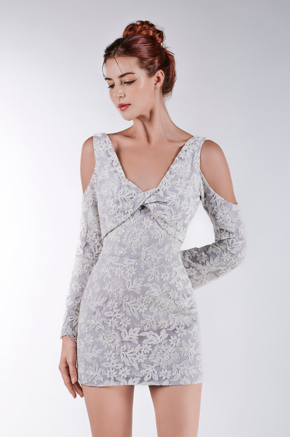 Long Sleeve Lace Dress With Ruched Front
